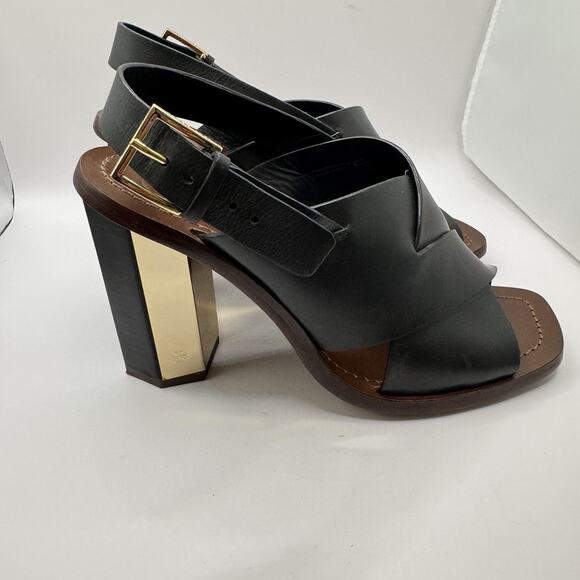 Tory Burch Bleeker Black Leather Slingback Gold Heels Sandals size 6.5 Designer - Picture 7 of 16